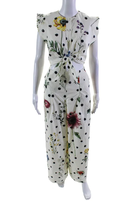 Oscar de la Renta Womens Cotton White Floral Cut Out Wide Leg Jumpsuit