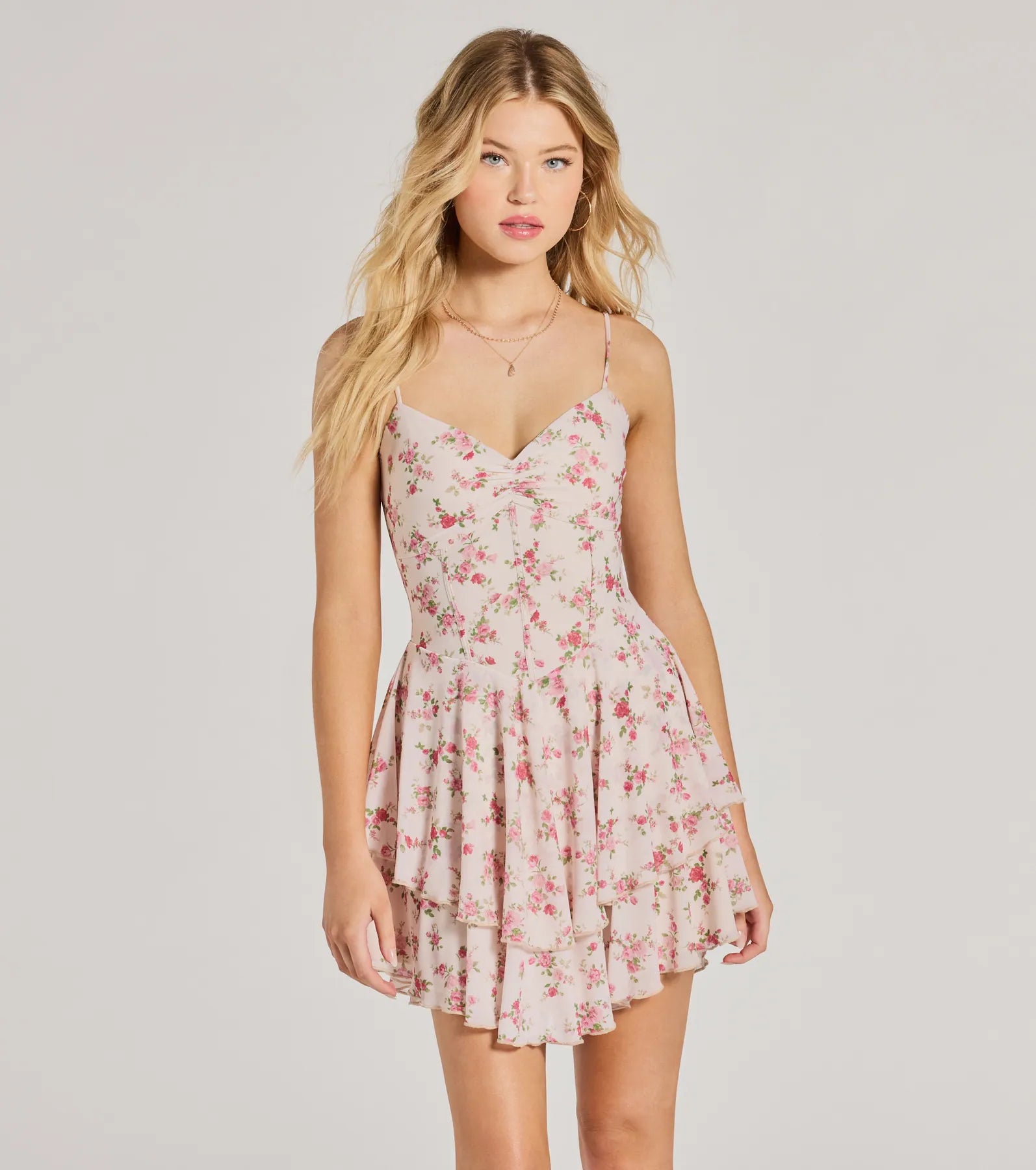 True Love In Floral V-Neck Corset Skater Dress