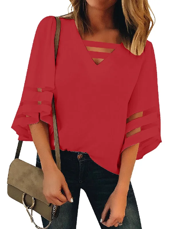 Women's Casual V Neck Mesh Panel Blouse Tops 3/4 Bell Sleeve Shirt