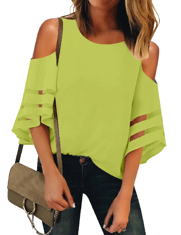 Women's Cold Shoulder Loose Shirt Tops 3/4 Bell Mesh Sleeve Blouse